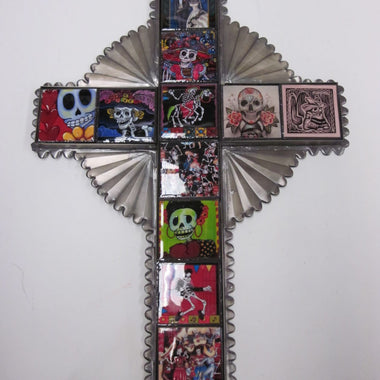 Tin Cross with Day of The Dead Tiles